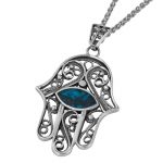 Sterling Silver and Eilat Stone Hamsa Necklace With Filigree Design