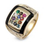 14K Gold & Black Enamel Hoshen Ring with Gemstones