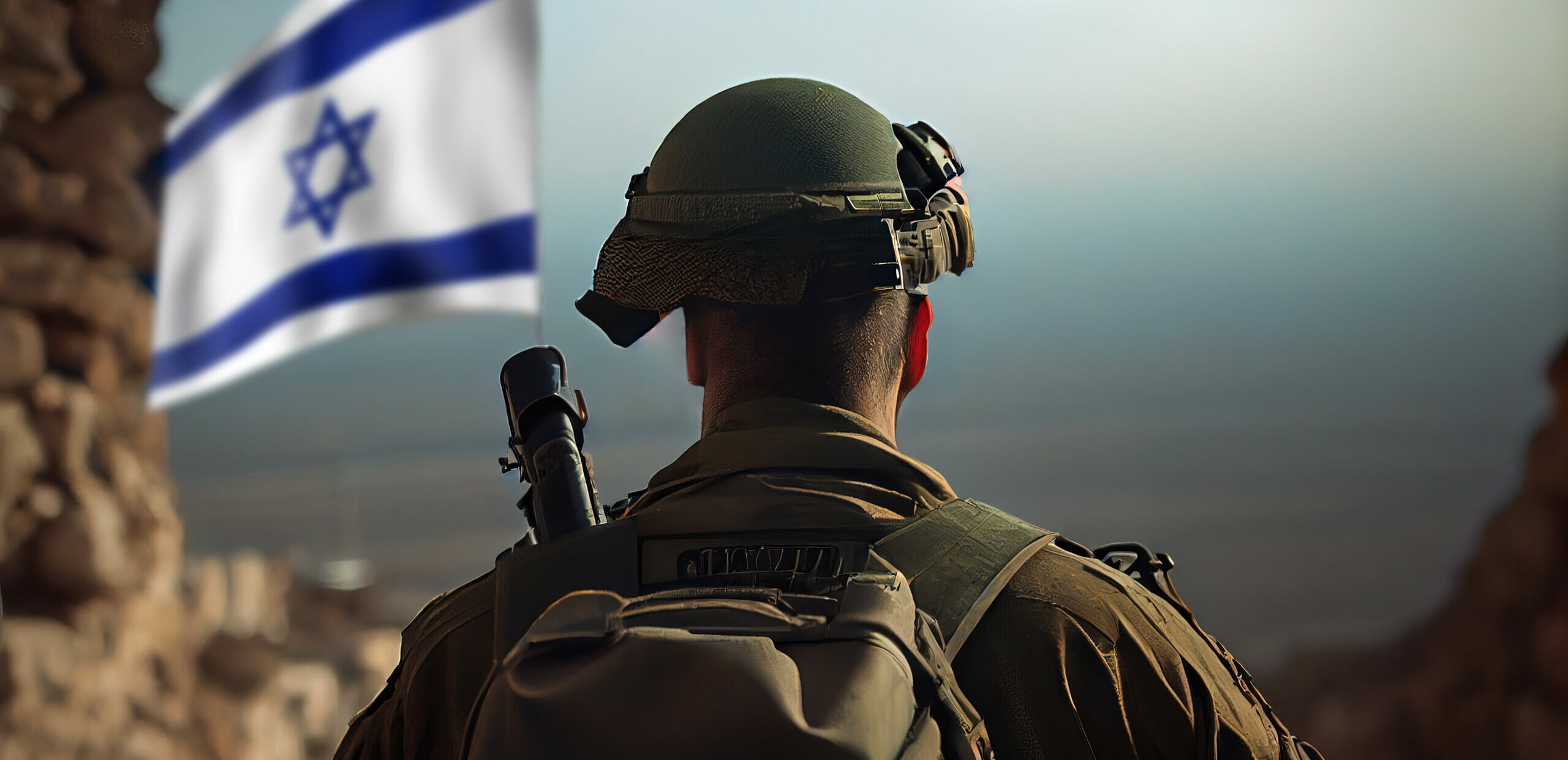 Patriotic Israeli Soldier with Flag Back View. Military. Patriotism. Honor. Respect. Stars and Stripes. Service. Pride. Duty. Sacrifice