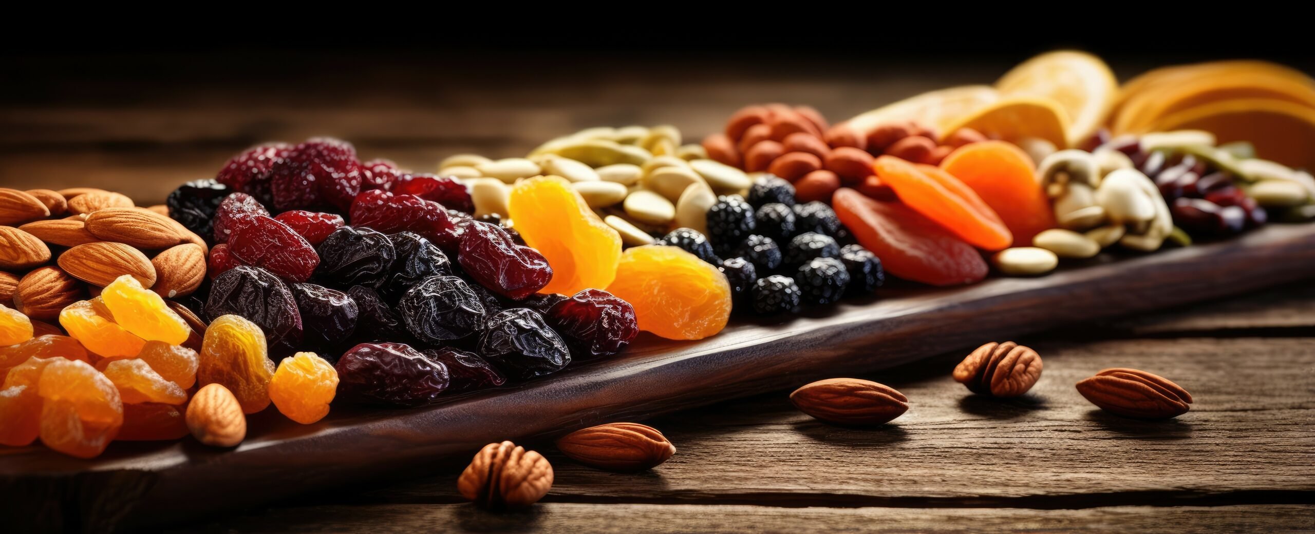 Assorted dried fruits and nuts on a dark wood backdrop with focused contrast