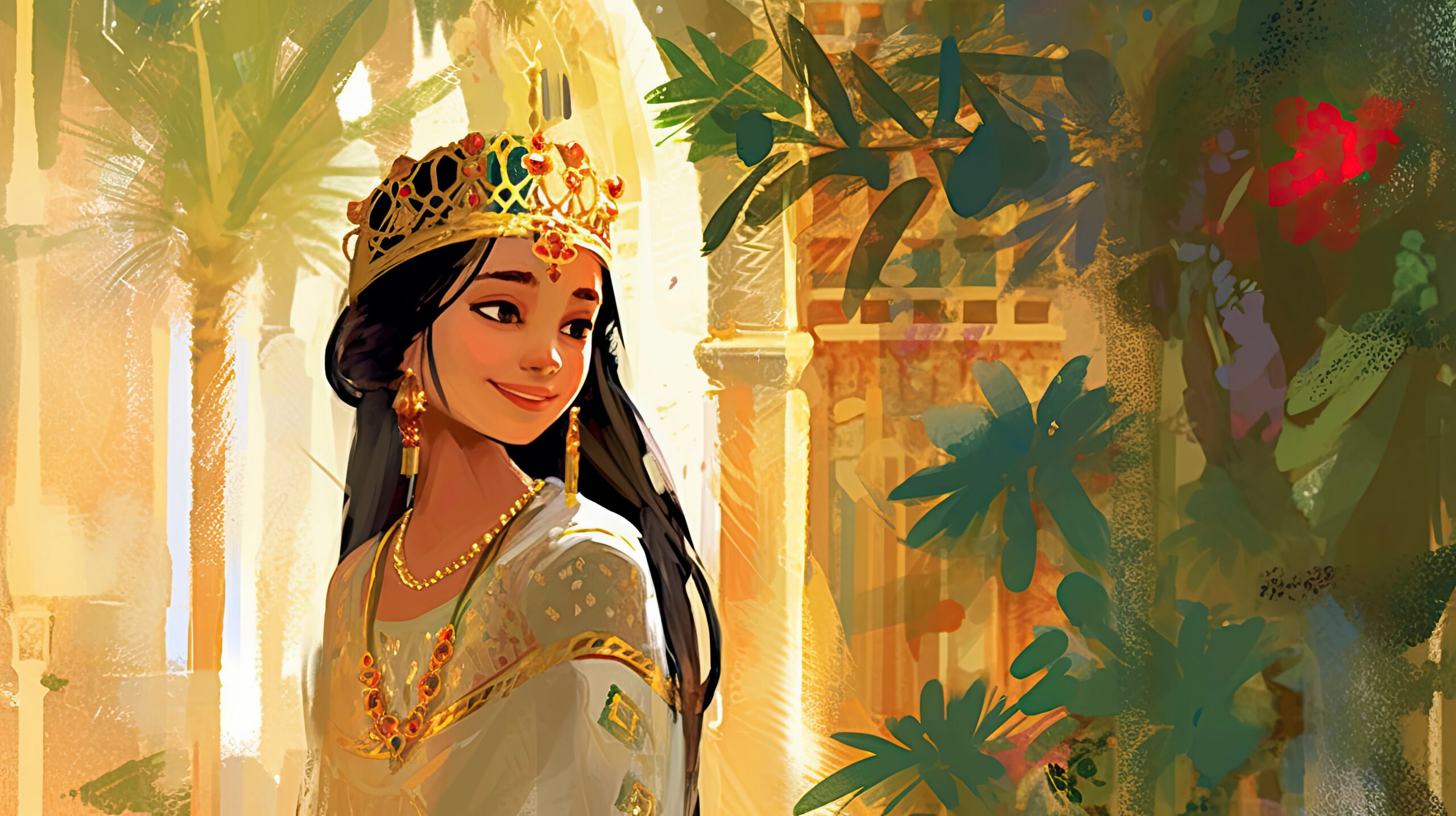 Colorful painting portrait art of the biblical Queen Esther of Persia. Christian illustration. Generative AI.