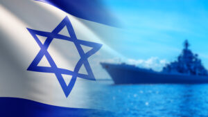 Israeli navy. Warship at sea. Israel flag over ocean. Israeli defense forces navy. Warship under blue sky. Navy to participate in war. Israeli warship blurred. Ship TSAHAL in ocean.