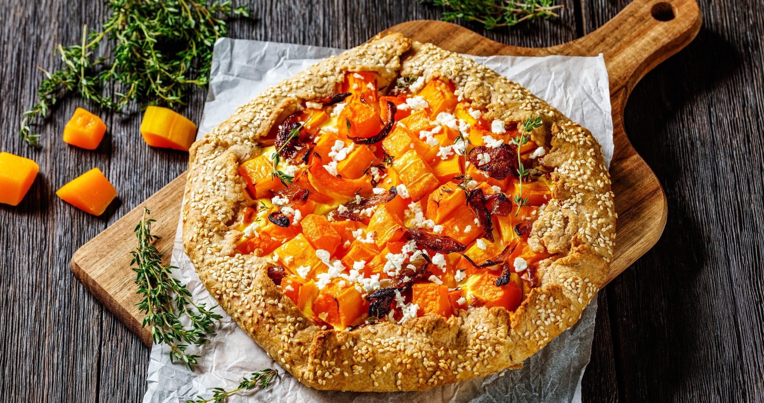 pumpkin galette with onion and feta cheese