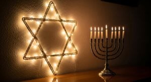 Illuminating Star of David Decoration and Menorah with Burning Candles Celebrate Hanukkah Traditions and Jewish Culture