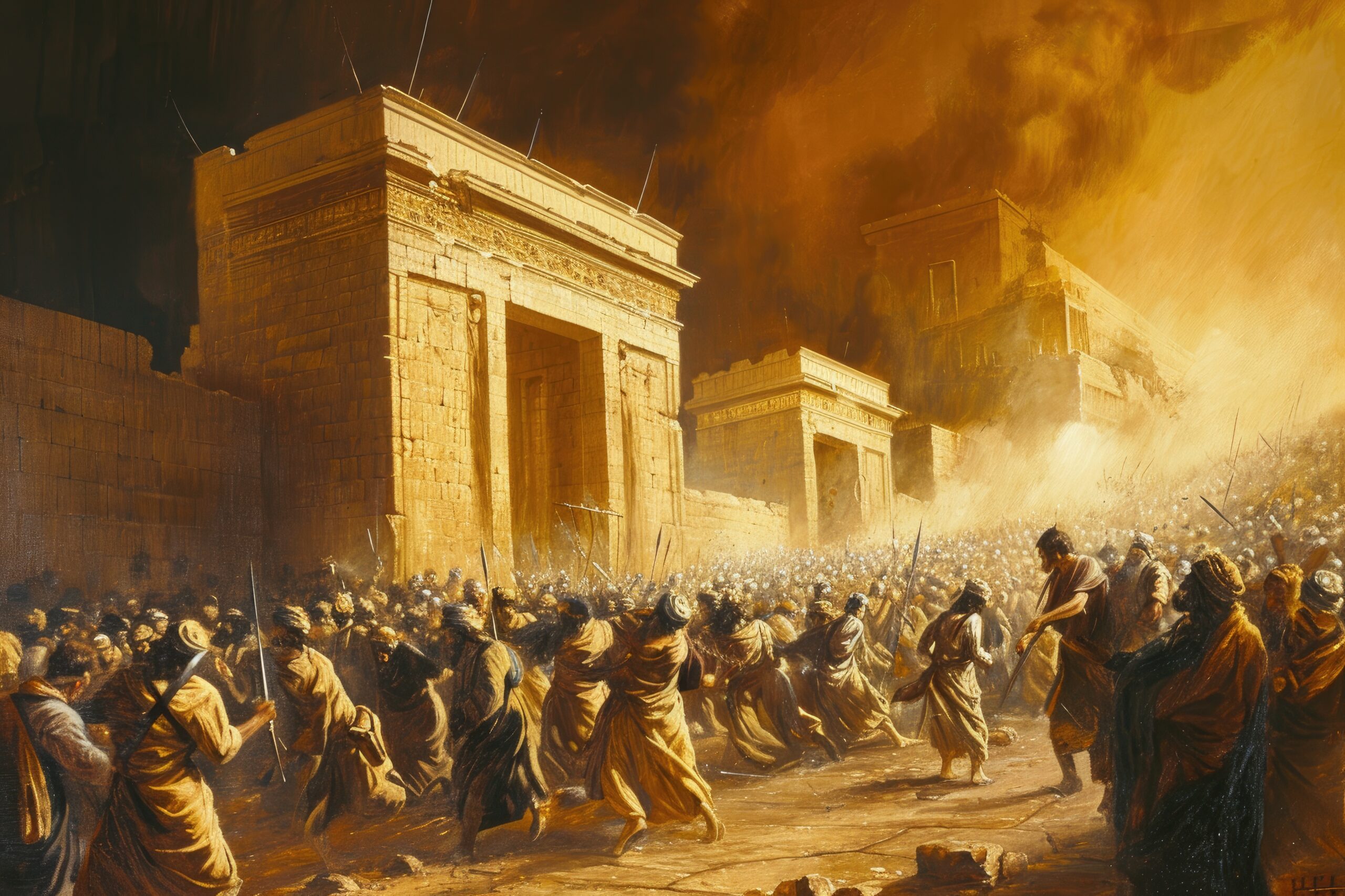 The painting depicts a lively crowd of people gathered in front of a prominent building, The Maccabees reclaiming the Holy Temple, AI Generated